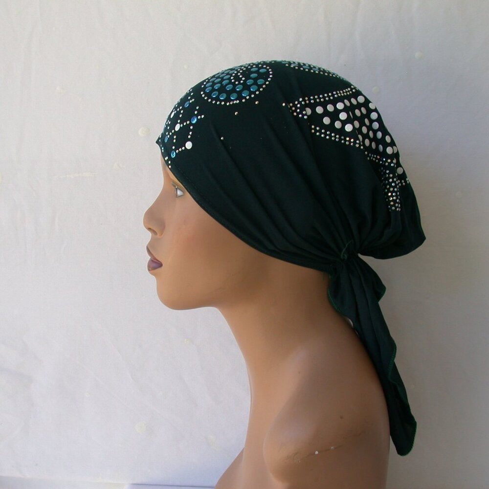 DARK GREEN Pre-Tied Stud Fashion Cap Slip On Bonnet Hijab Undercap #1